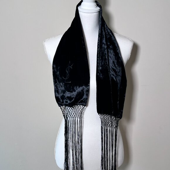 Yves Saint Laurent by Tom Ford Fall 2001 Runway Logo Black Velvet Silk Scarf - Picture 8 of 10